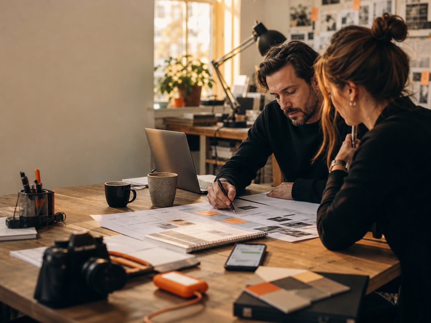 Agency founder and project manager reviewing a project schedule in a warm studio
