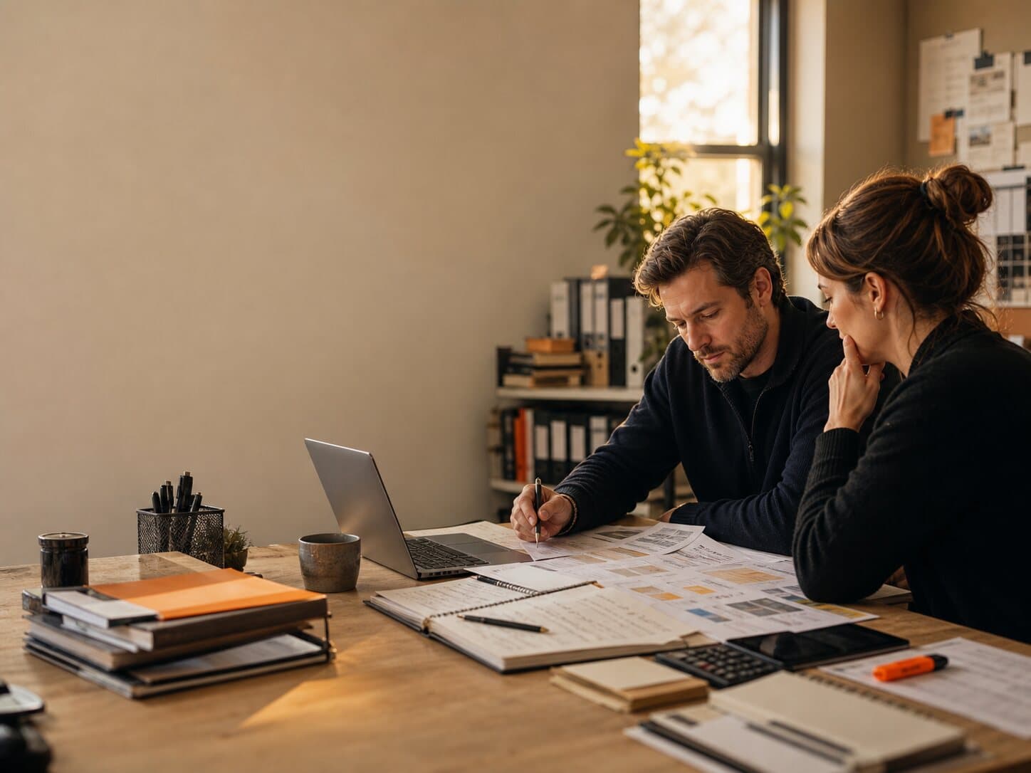 Founder and finance operator reviewing accounts receivable at a warm business desk