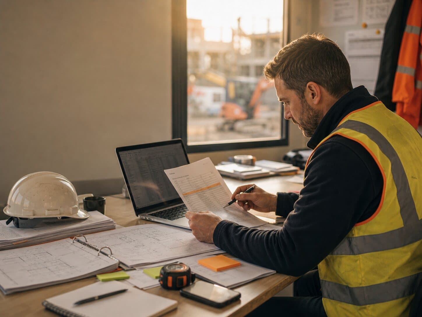 Construction contractor reviewing valuation paperwork in a site office