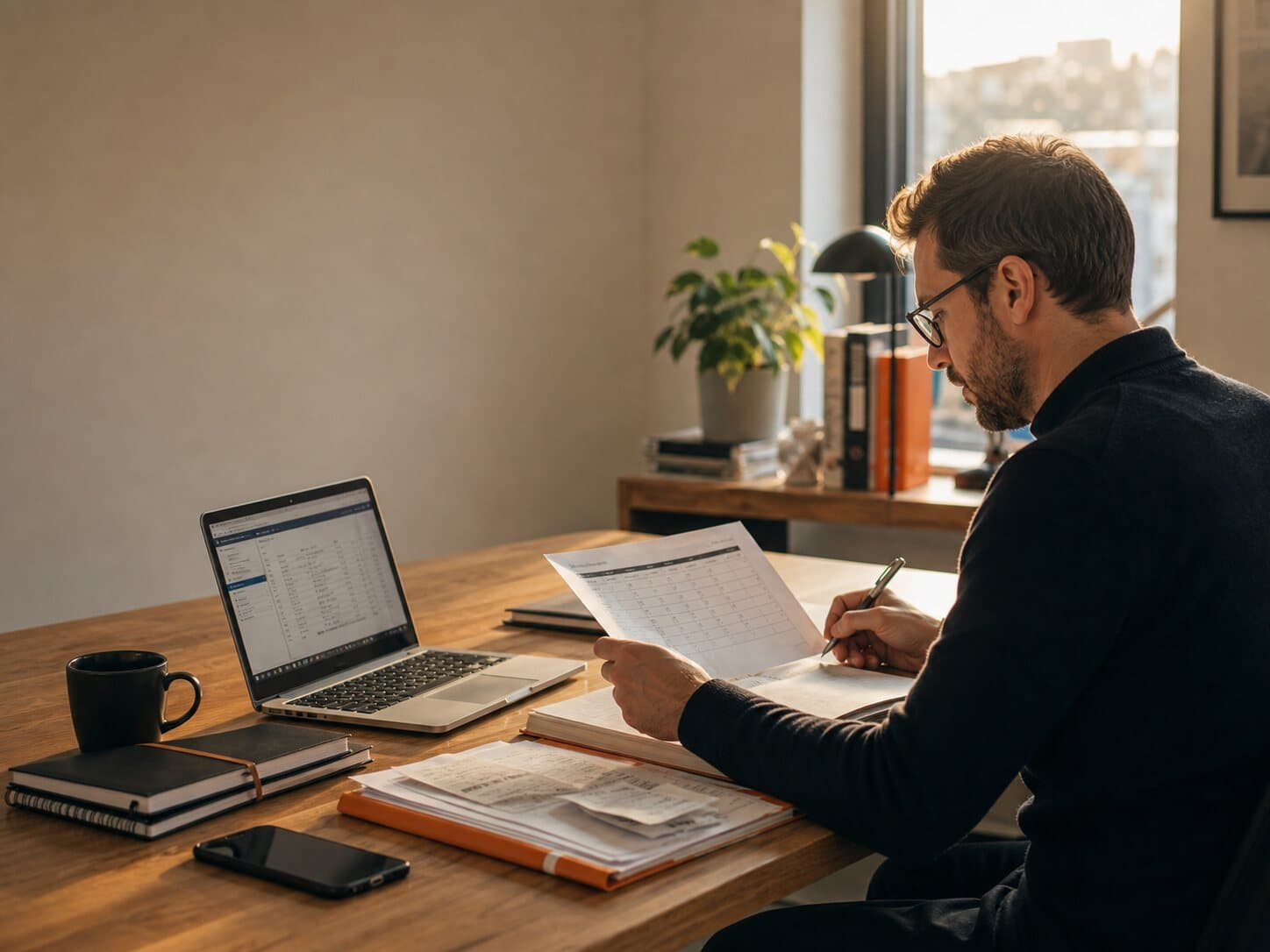 Independent consultant reviewing a purchase order and timesheet at a warm desk