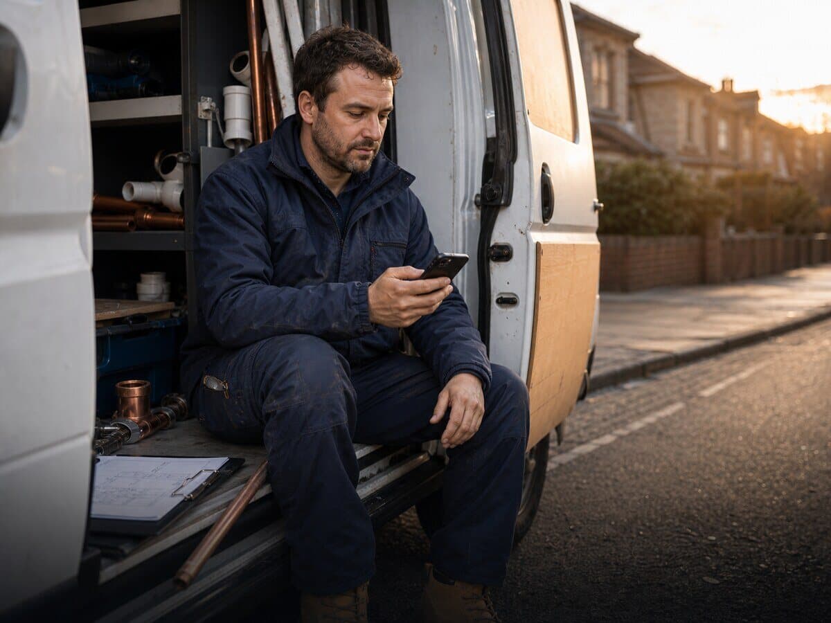 Plumber sending Meredith job details from a van