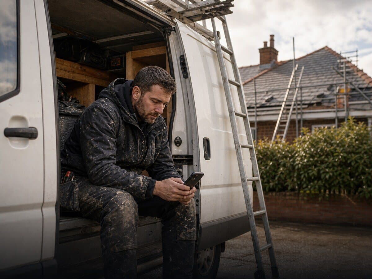 Roofer checking a phone by a work van near a scaffolded house