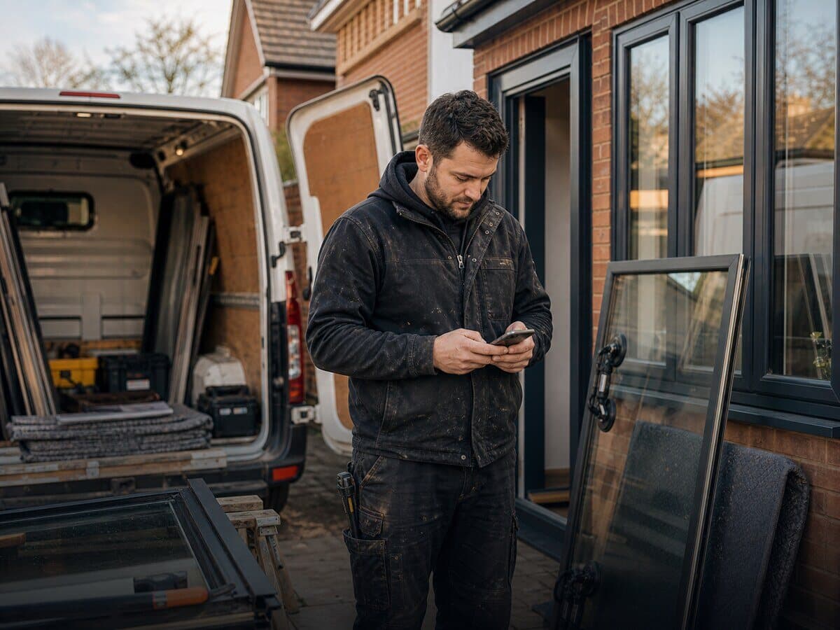 Window installer checking a phone beside a newly installed window frame