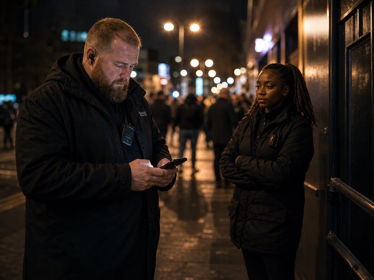 Door supervisors checking a phone outside a venue at night.
