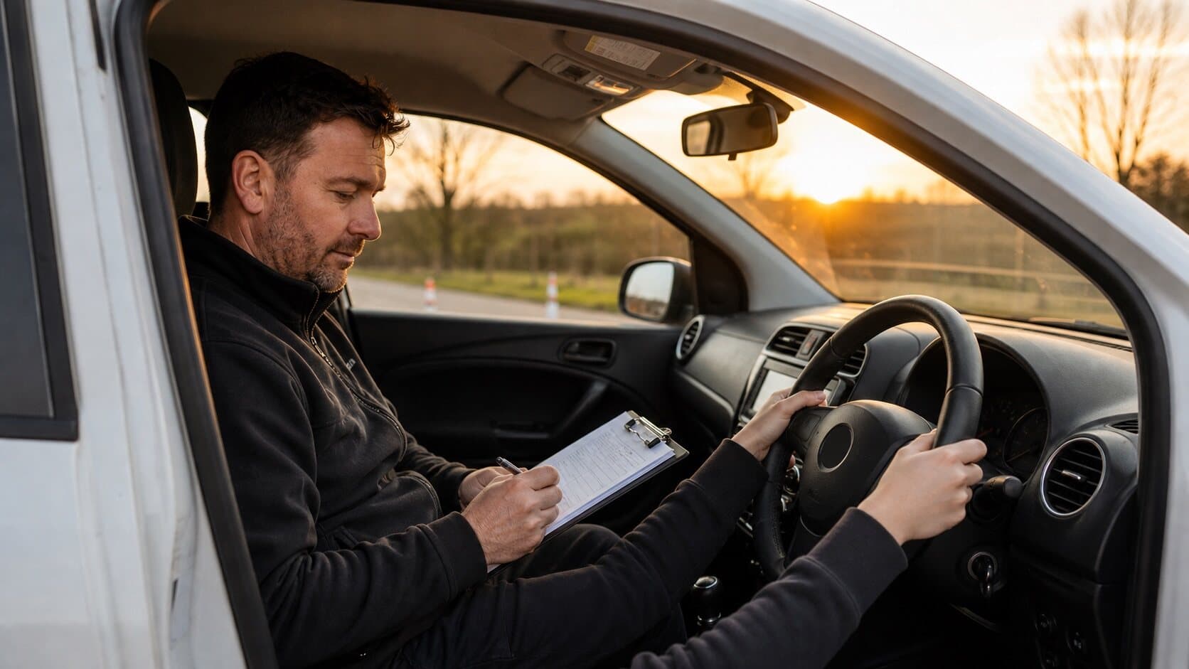 A driving instructor reviewing notes from the passenger seat of a learner car.