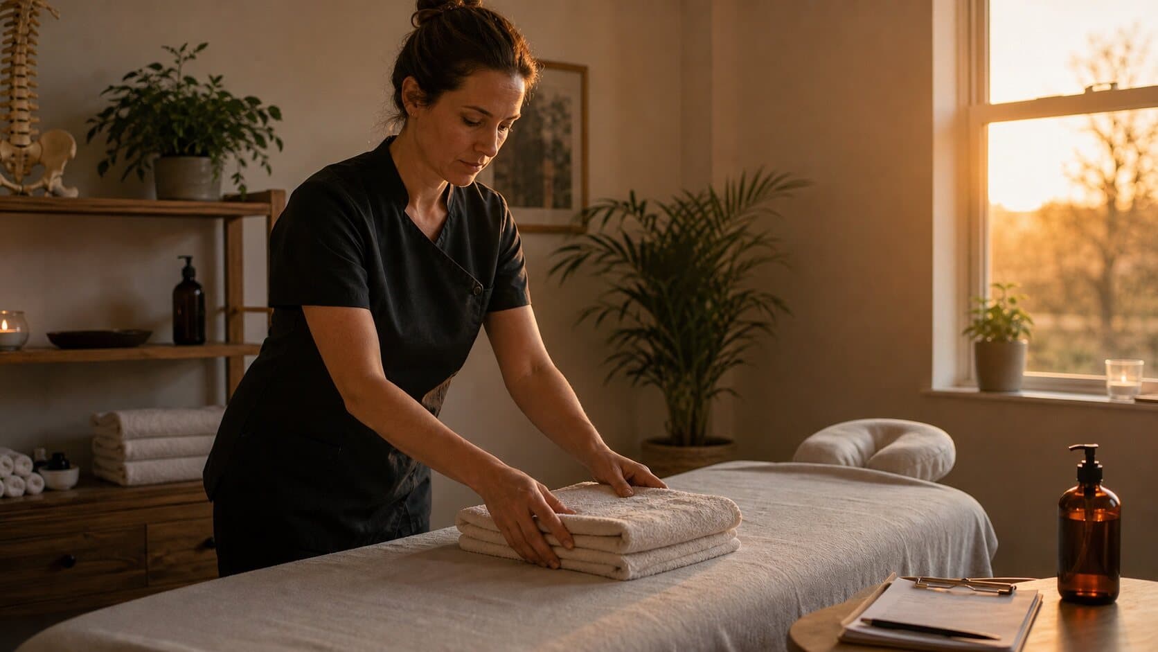 A massage therapist preparing a treatment room with folded towels.