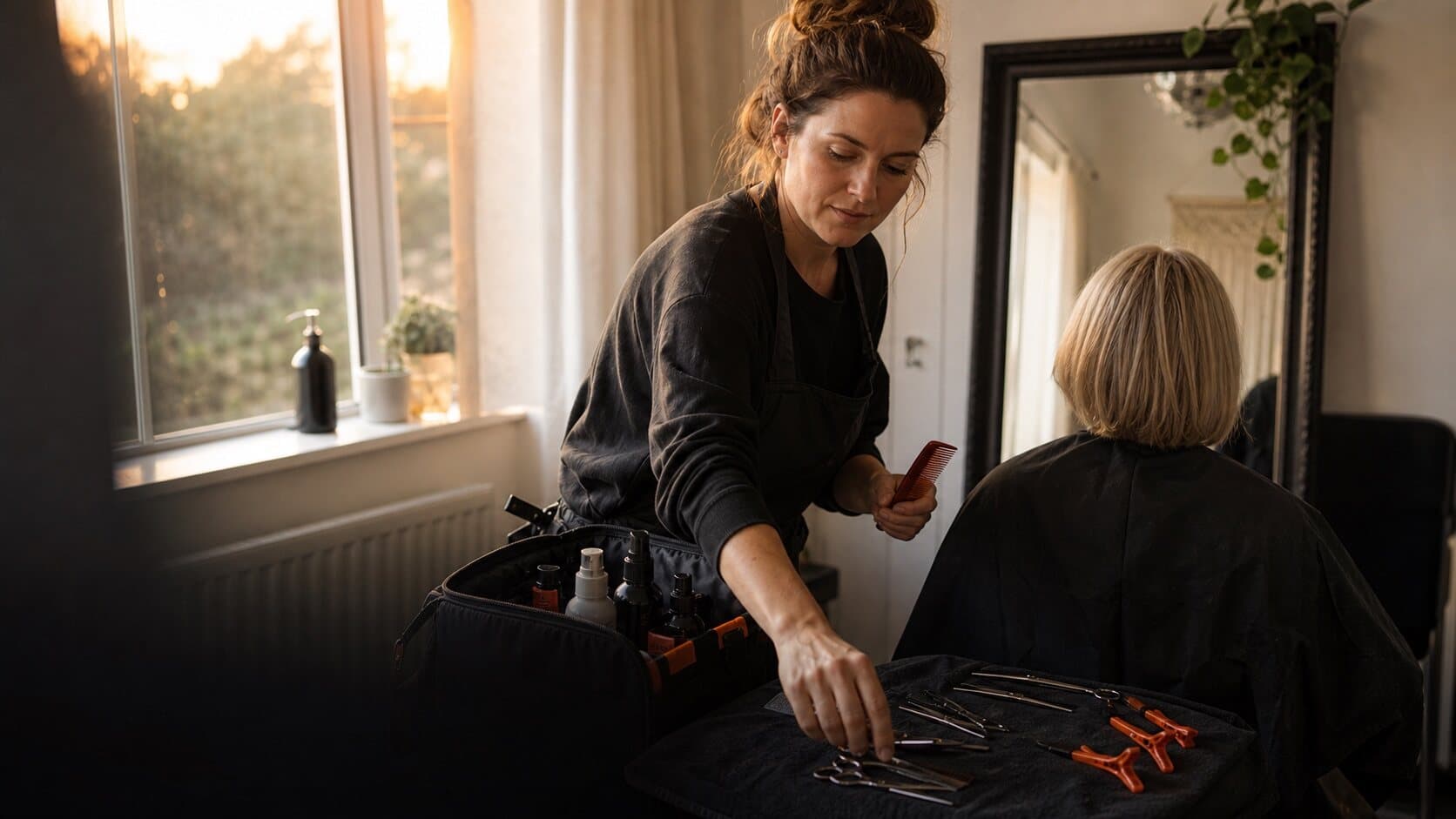 A mobile hairdresser arranging tools at a client's home.