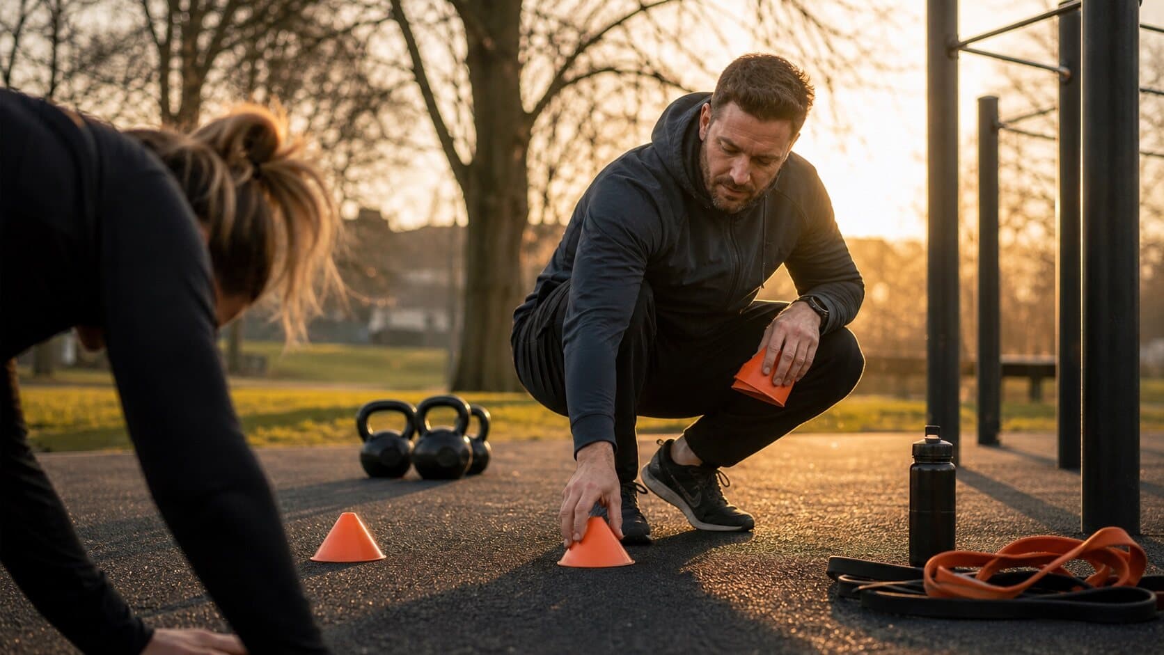 A personal trainer setting out cones and kit in a park.