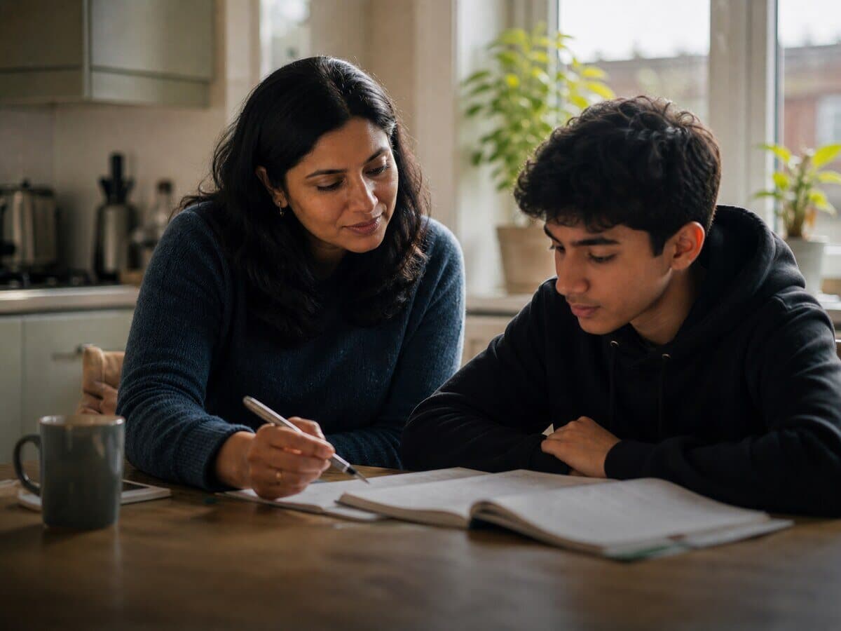 A private tutor working with a student at a kitchen table in natural daylight.