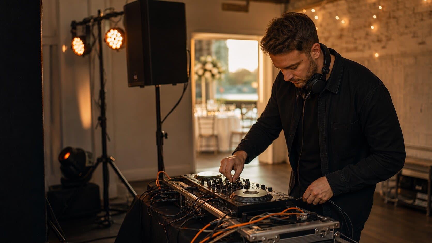 A wedding DJ setting up a controller and speakers before an event.