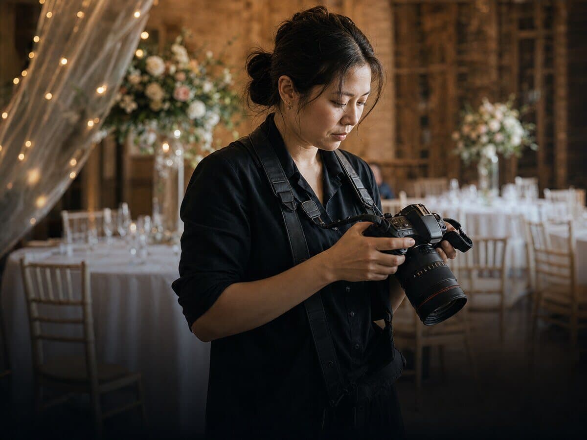 A wedding photographer checking camera kit before a venue opens.